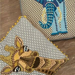 Embroidered Giraffe and Elephant Pillows w/ Graphic Print Background
